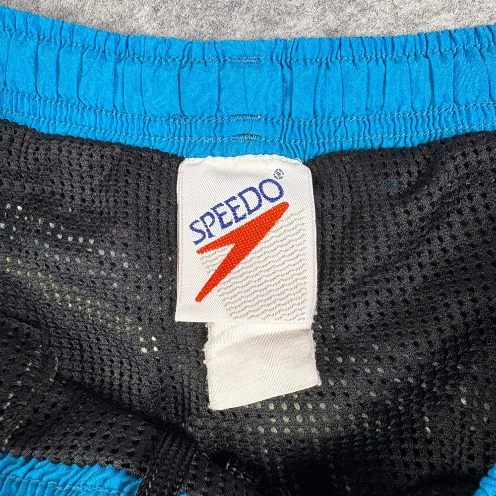 Vintage 90s Speedo Swim Trunks Black Neon Graphic Embroidered Logo Shorts Mens L